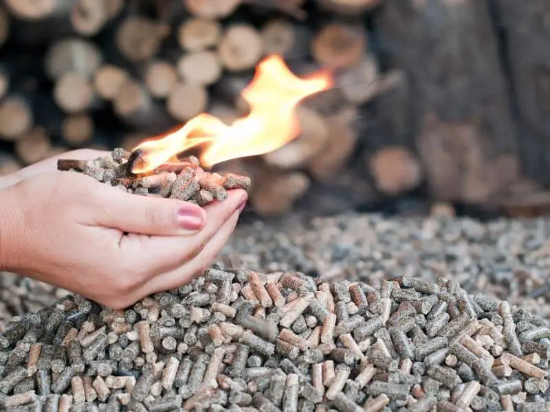 Biomass pellet pile and pellets on fire in a persons hand