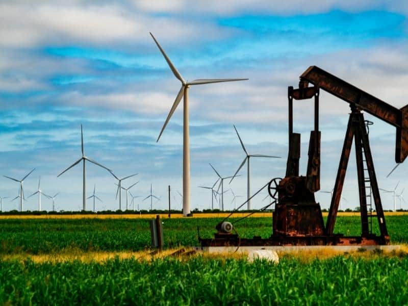 Oil rig and wind turbines