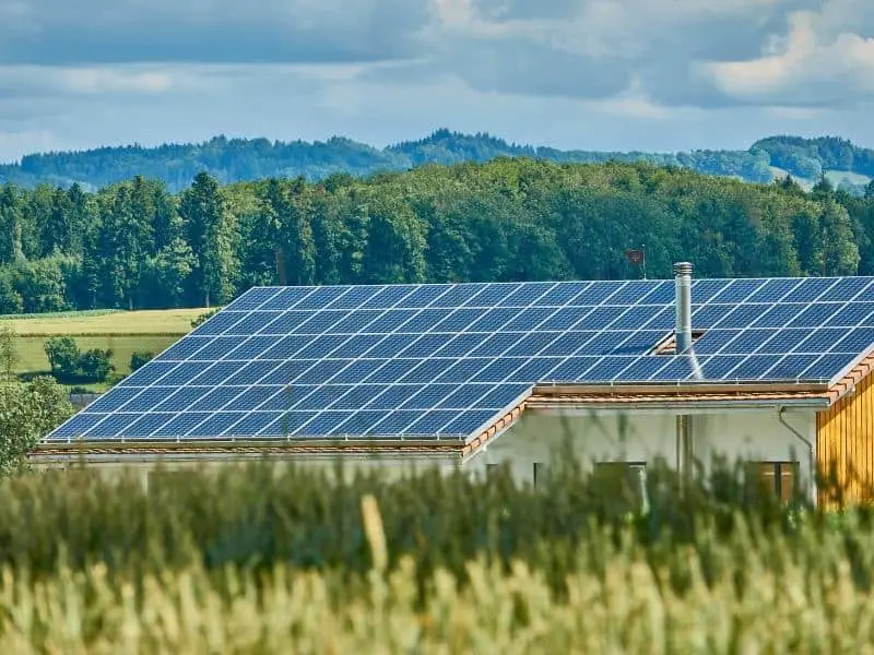 Solar panels on a field in the countryside