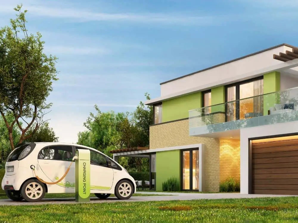 Electric powering a home and car outside view of house and drive