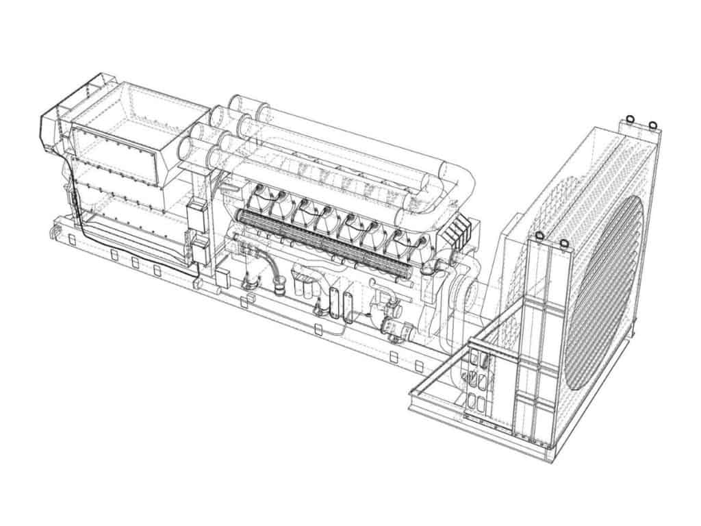 Large industrial diesel generator. Generator diesel engine and cooling radiator. 3d illustration