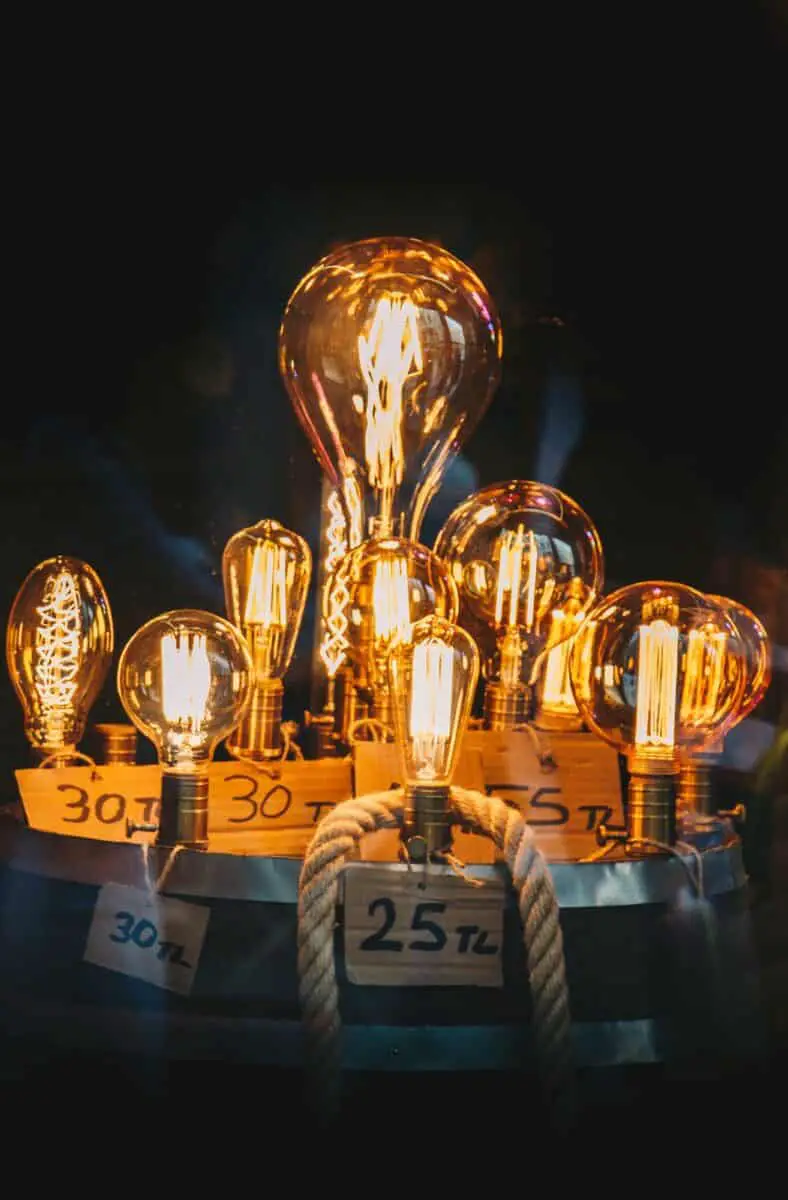 Decorative antique Edison style filament light bulbs hanging.