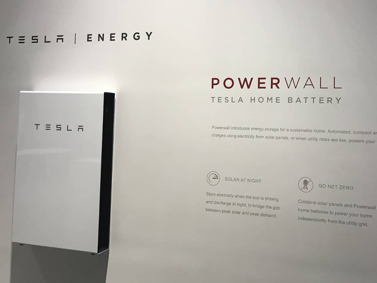 Tesla Powerwall 2 home backup battery on display at Tesla Inc.s Giga Nevada factory.