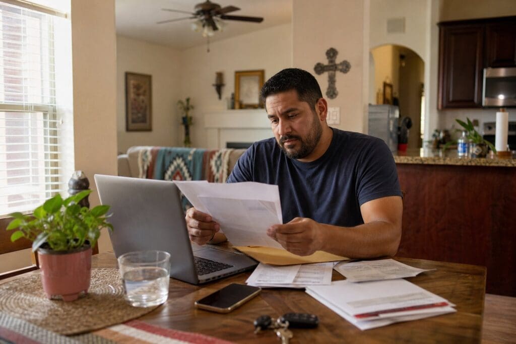 A Texas resident compares household electricity options at a kitchen table.