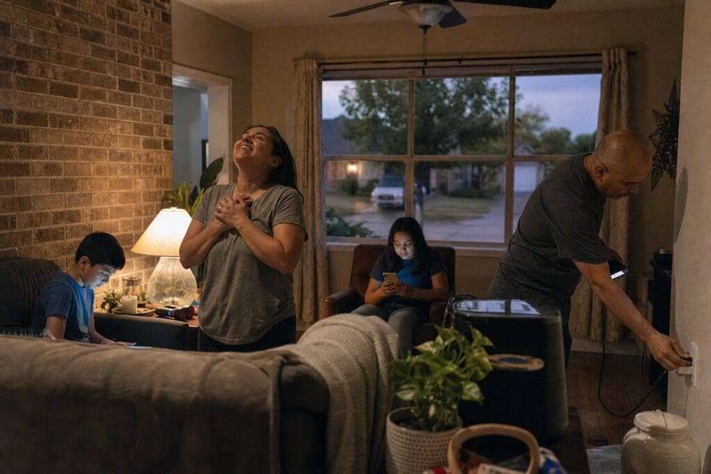 A Texas family gathers in a living room after the lights come back on.