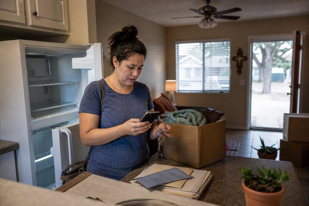 A resident checks a smartphone and organizes keys and moving supplies inside a Texas home at dusk.