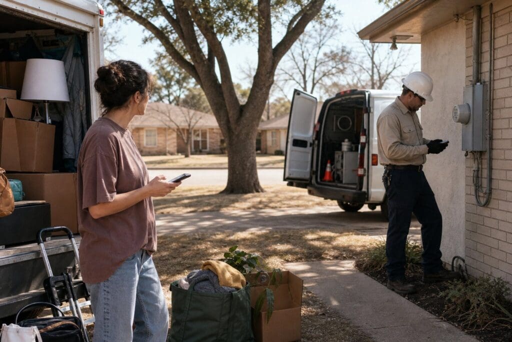 A resident coordinates an electricity connection with a utility technician outside a Dallas home while moving boxes are nearby.