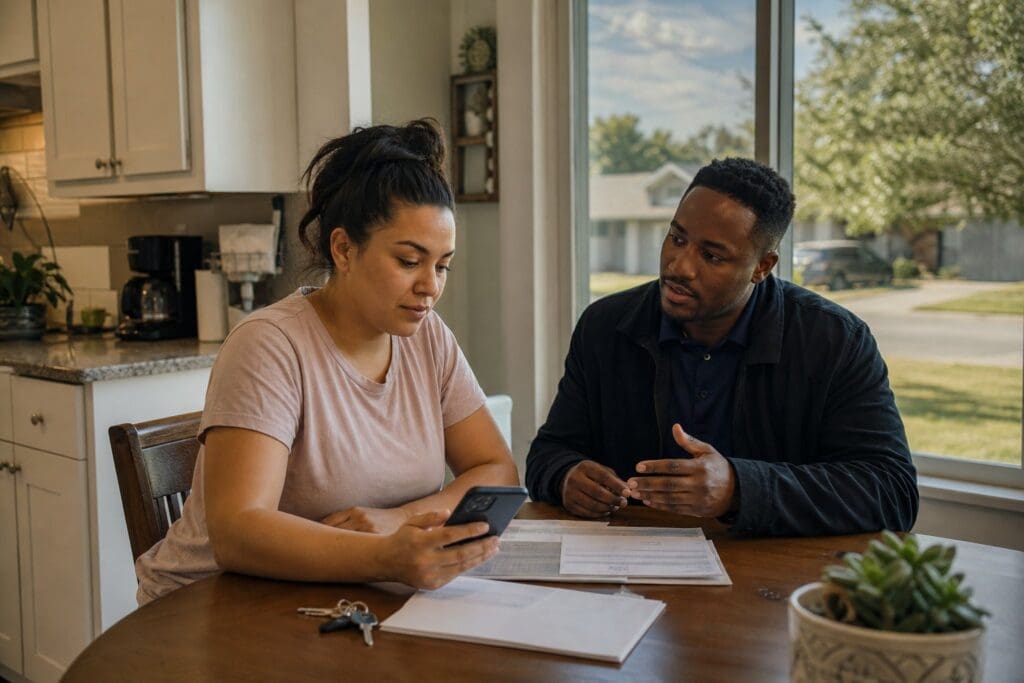 A Fort Worth resident discusses arranging same-day electricity service with a representative at a kitchen table.