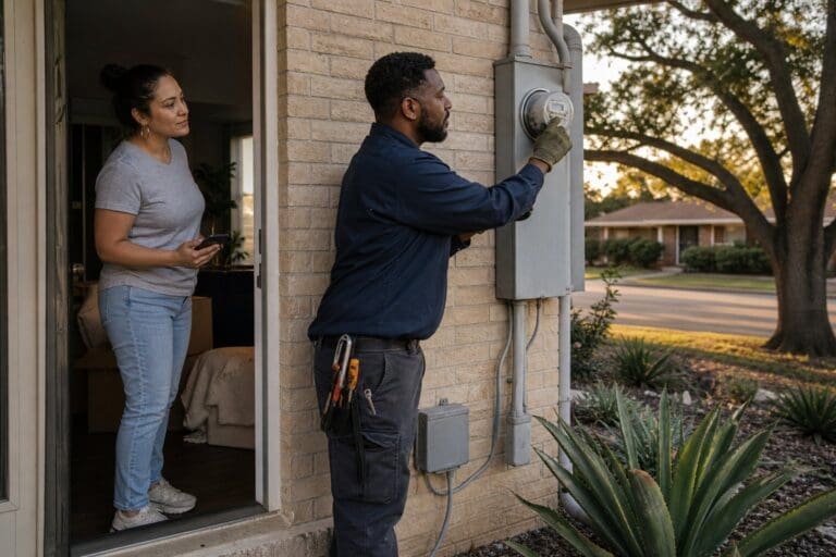 A resident speaks with an electricity technician beside a home's outdoor meter in a Dallas neighborhood.