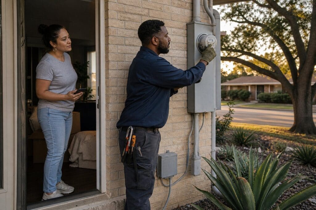 A resident speaks with an electricity technician beside a home's outdoor meter in a Dallas neighborhood.