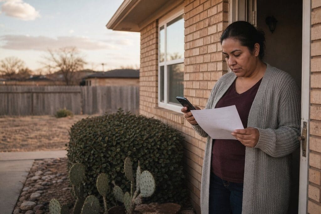 A Lubbock resident reviews utility information outside a modest home in a dry Texas neighborhood.
