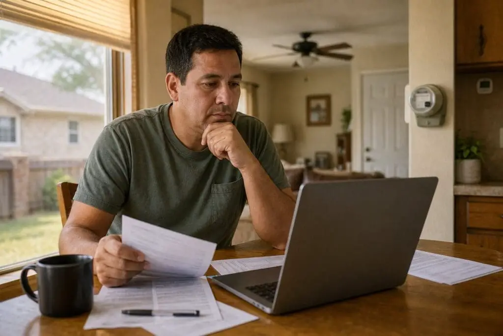 A Texas resident reviews electricity information on a laptop at a kitchen table.