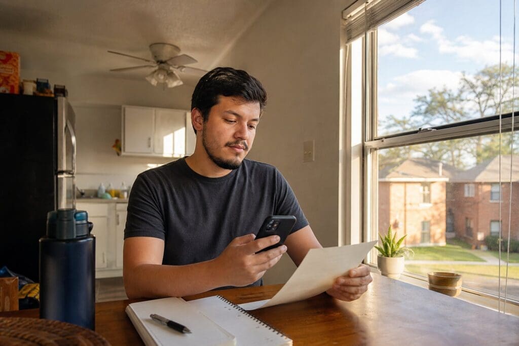 A Dallas renter reviews prepaid electricity information at a kitchen table.