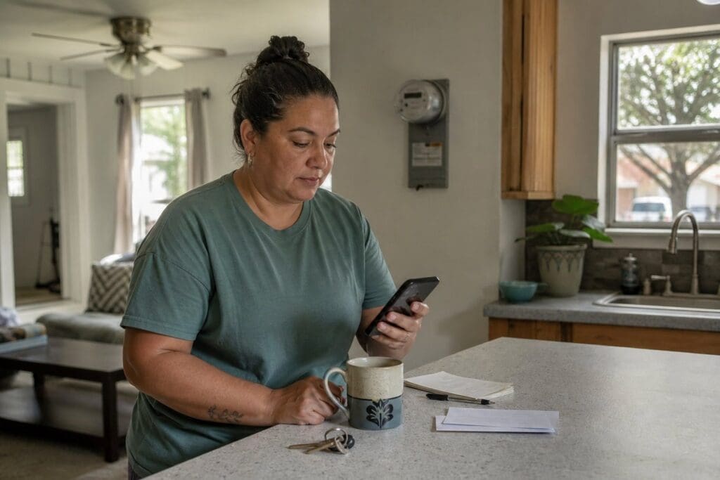 A Texas resident checks a prepaid electricity balance on a smartphone in a modest home.