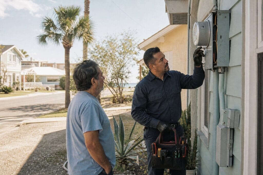 An electrician inspects the exterior electrical panel of a Corpus Christi home while the homeowner watches.