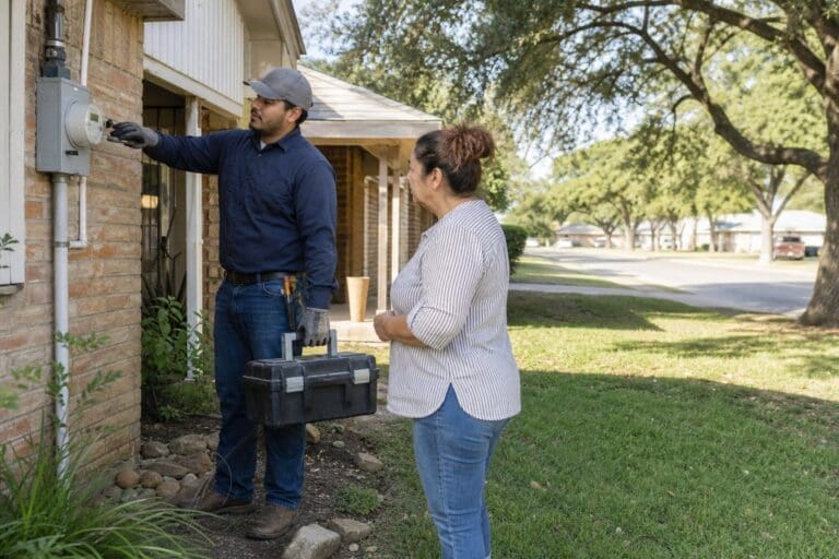 An electrical technician speaks with a homeowner outside a Fort Worth house while inspecting the exterior power meter.