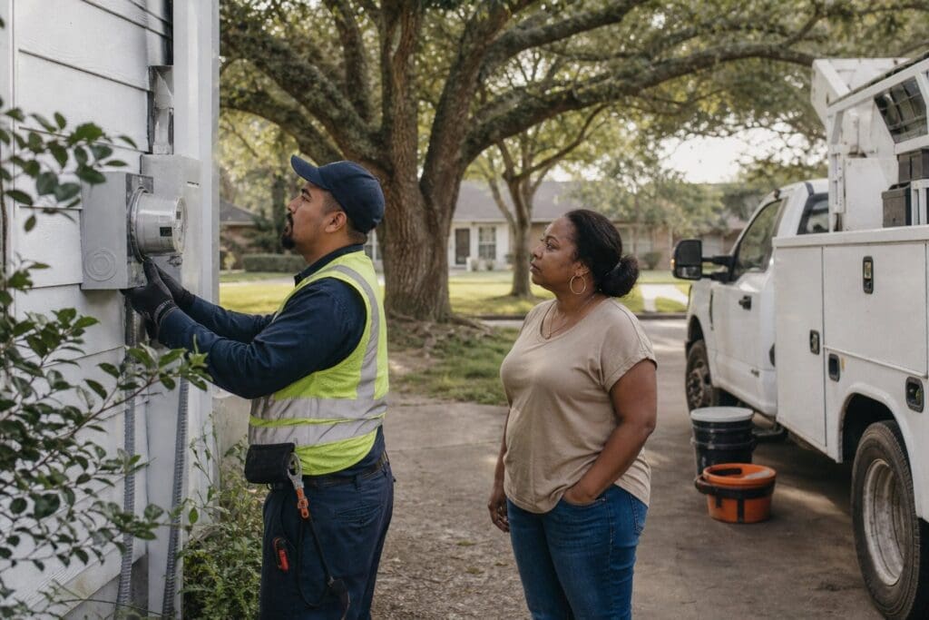 A utility technician checks an outdoor electric meter while speaking with a resident outside a Houston home on Saturday morning.