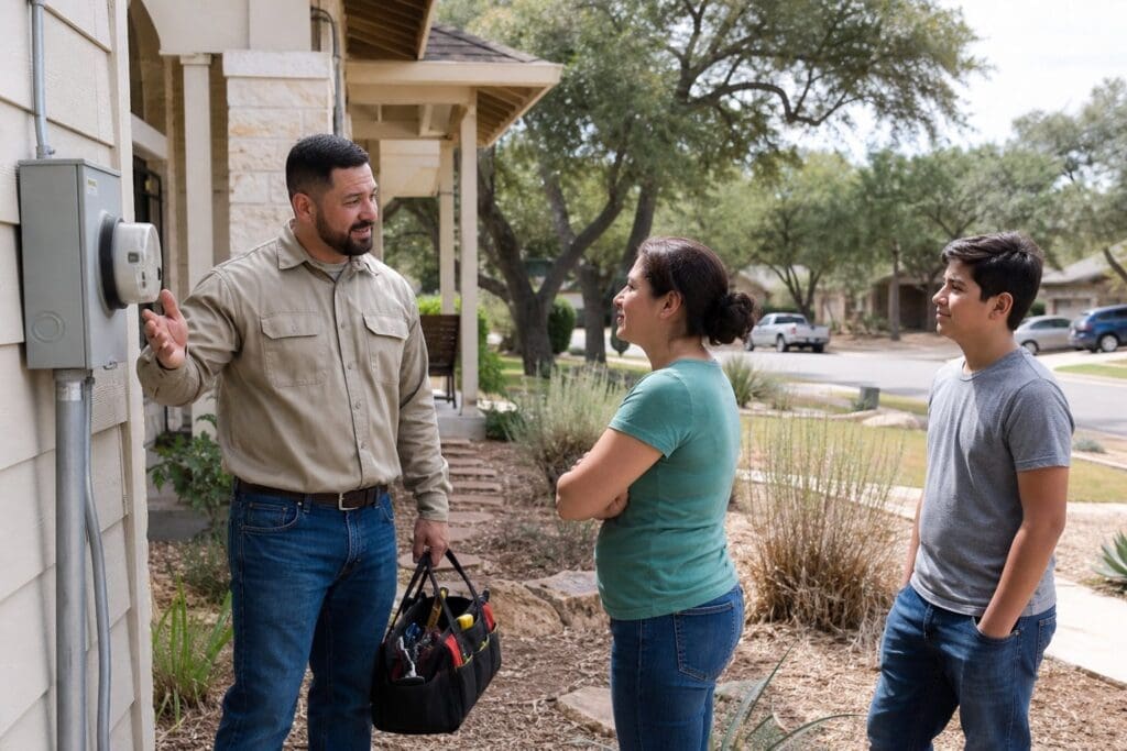 A technician speaks with a homeowner outside a Texas suburban house.