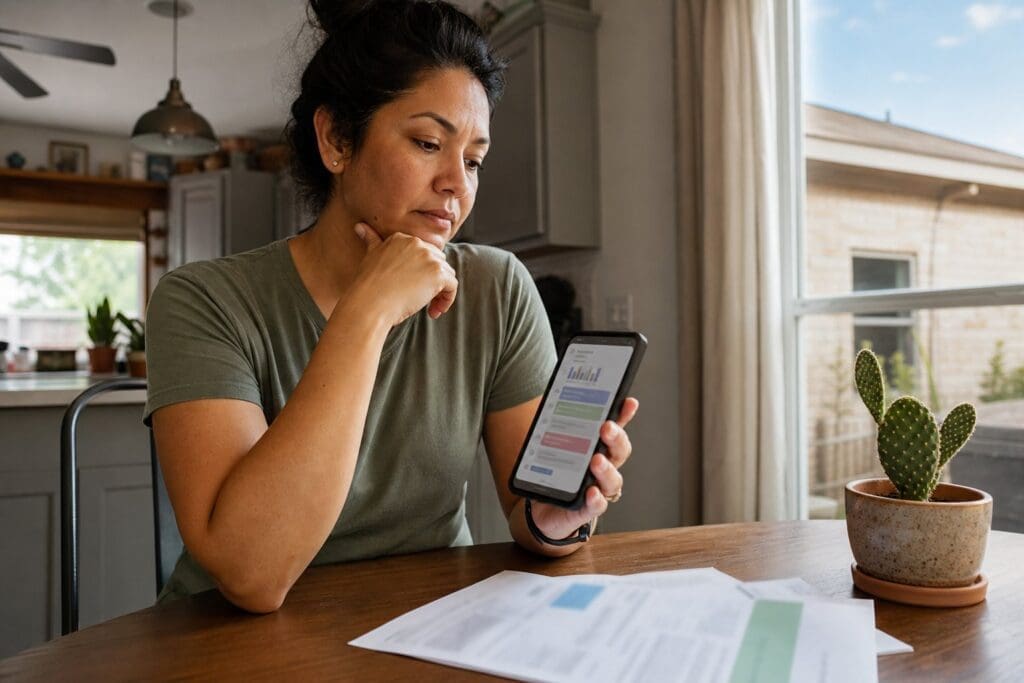 A resident reviews an electricity account on a smartphone at a kitchen table in a Texas home.