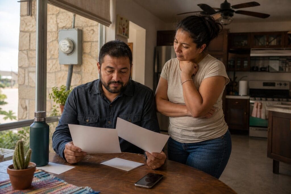 A Texas homeowner discusses electricity options with another person at a kitchen table.