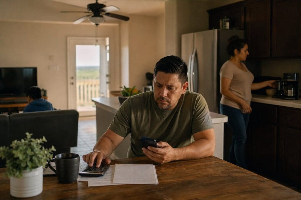 A Texas family reviews household expenses in a modest home while everyday appliances run nearby.