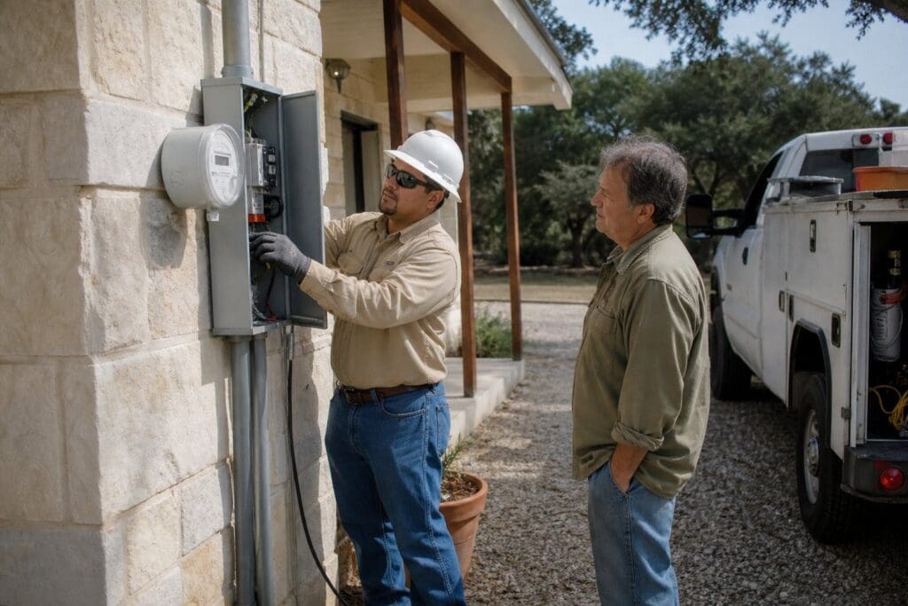 A technician connects electricity at a Texas home while a resident watches nearby.
