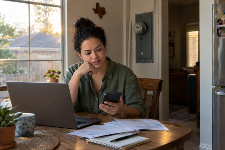 A Texas resident reviews utility information at a kitchen table while checking a smartphone.