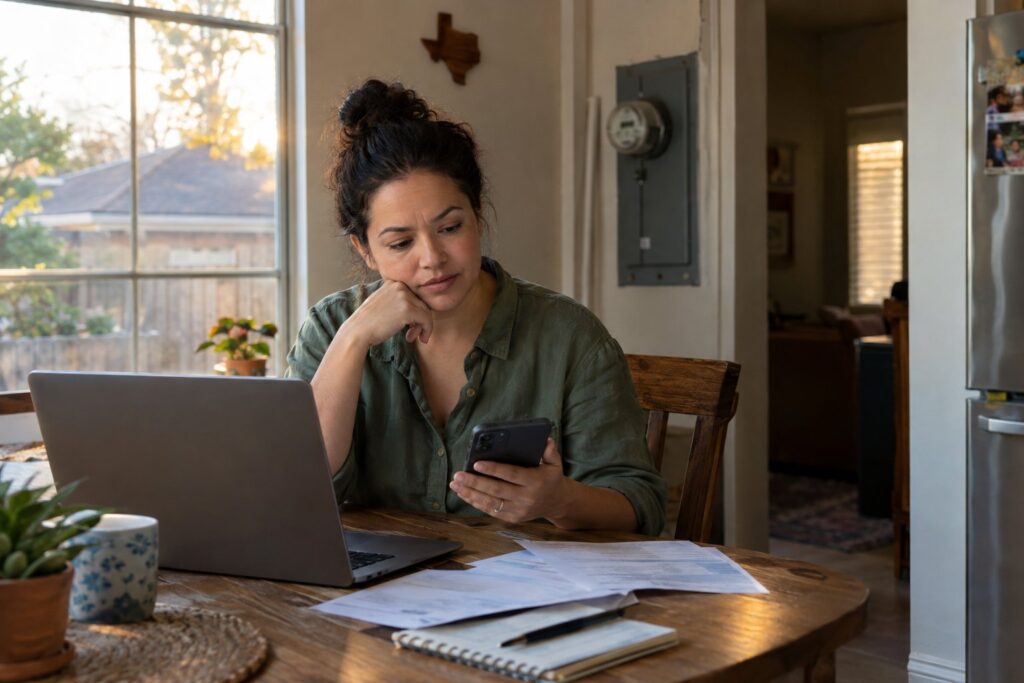 A Texas resident reviews utility information at a kitchen table while checking a smartphone.