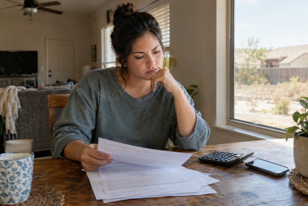 A Texas resident reviews an electricity contract at a kitchen table near the end of the agreement.