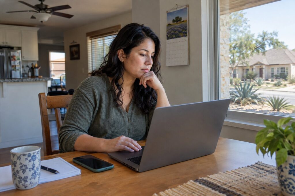A Texas resident reviews household utility information at a kitchen table near a sunlit window.