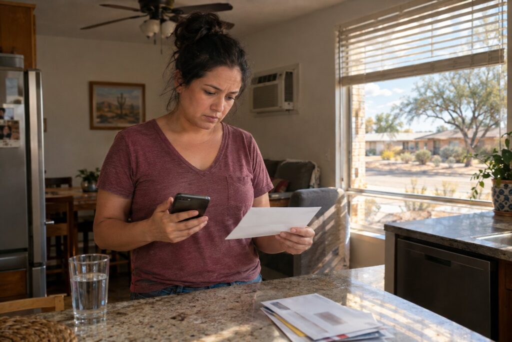 A Texas resident reviews household utility materials in a sunlit kitchen.