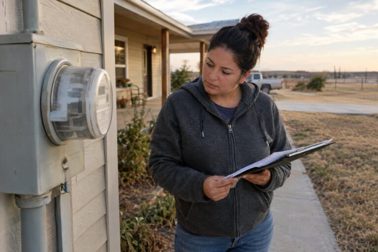 A Texas homeowner compares paperwork with an outdoor electricity meter beside a suburban home.