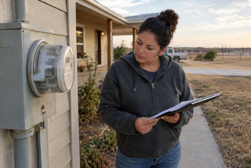 A Texas homeowner compares paperwork with an outdoor electricity meter beside a suburban home.