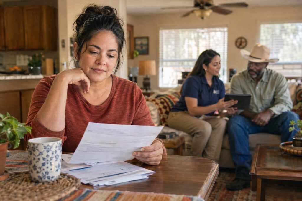 A Texas resident reviews electricity paperwork while another customer discusses service options with a utility representative.
