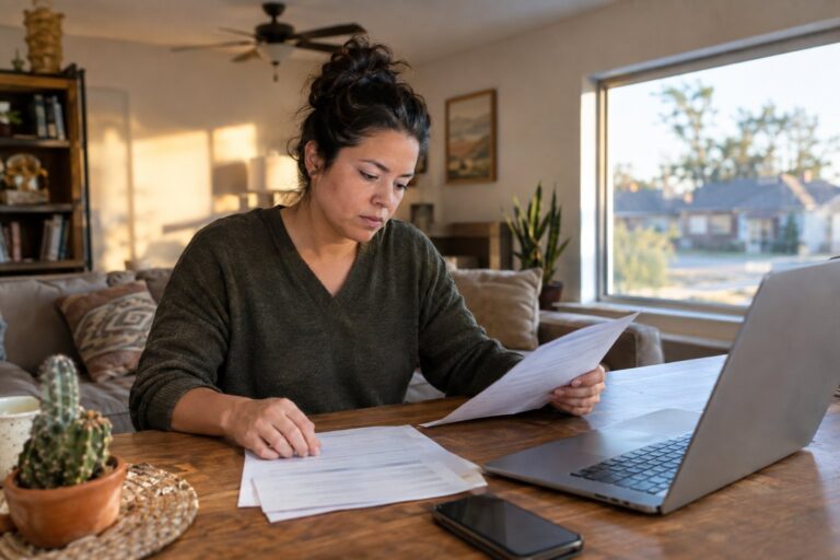 A Texas resident reviews utility documents beside a laptop at a home table.