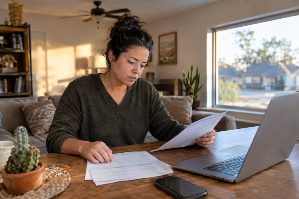 A Texas resident reviews utility documents beside a laptop at a home table.