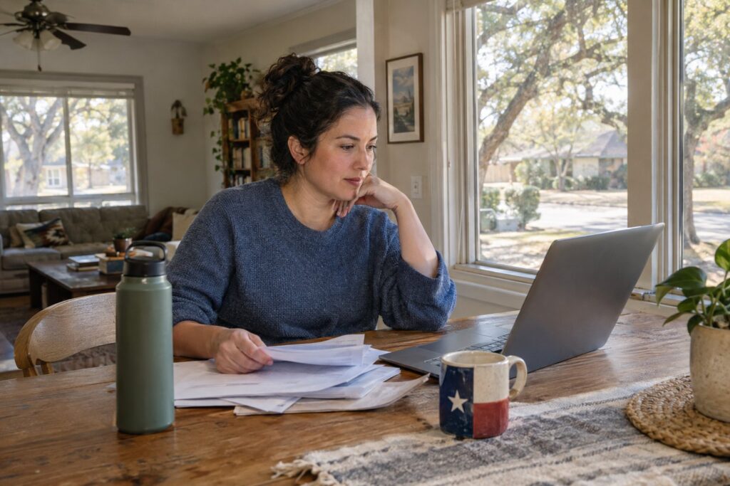 A Texas resident reviews electricity renewal information on a laptop at a kitchen table.