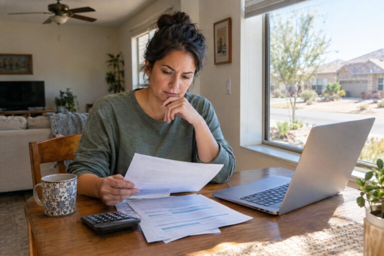 A Texas homeowner reviews utility papers and a laptop at a kitchen table.