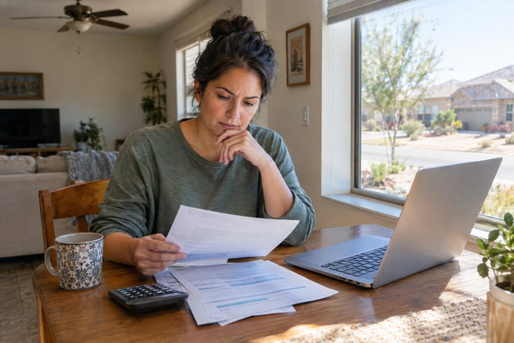 A Texas homeowner reviews utility papers and a laptop at a kitchen table.
