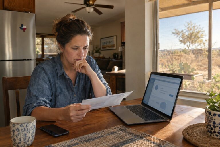 A Texas resident reviews an electricity bill and laptop at a kitchen table, appearing concerned about a missed renewal deadline.