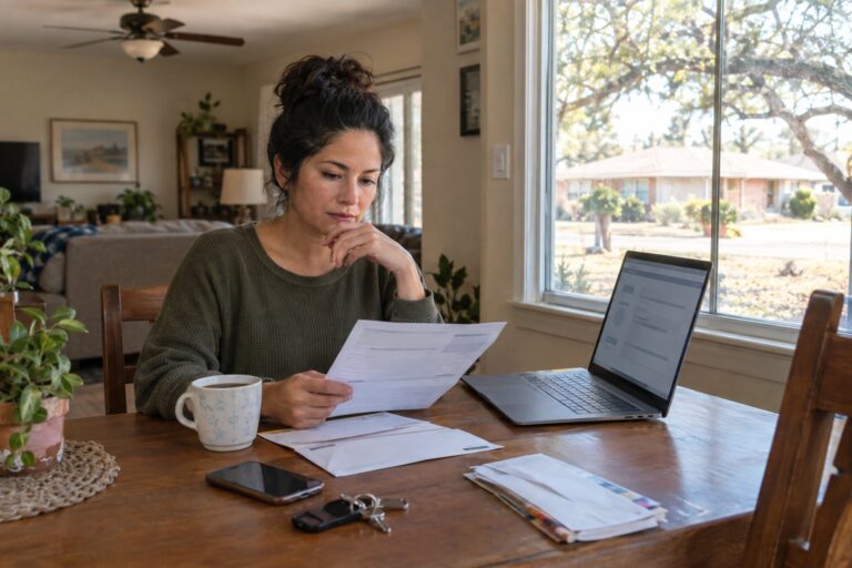 A Texas resident reviews an electricity bill and laptop at a kitchen table while daylight enters through a window.