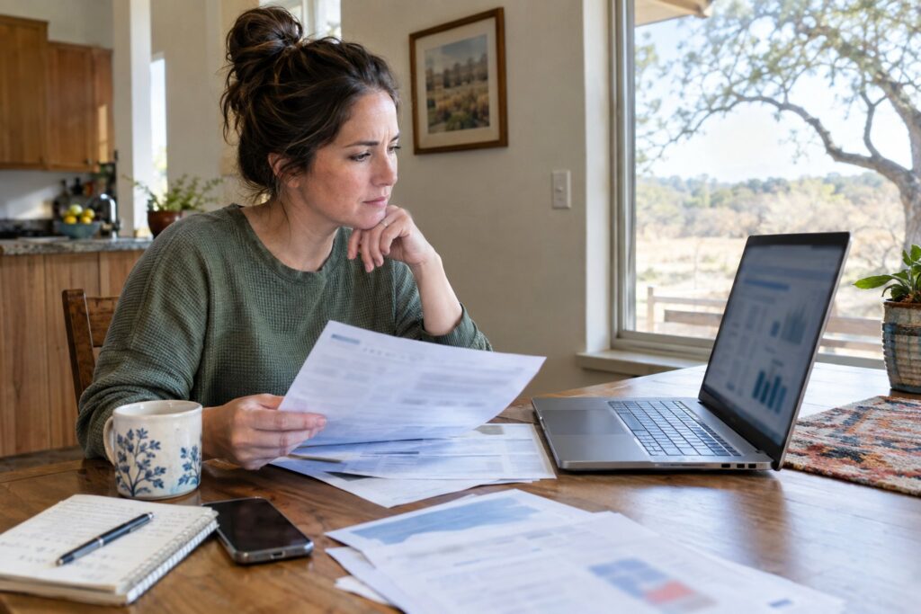 A Texas homeowner reviews electricity options on a laptop at a kitchen table.