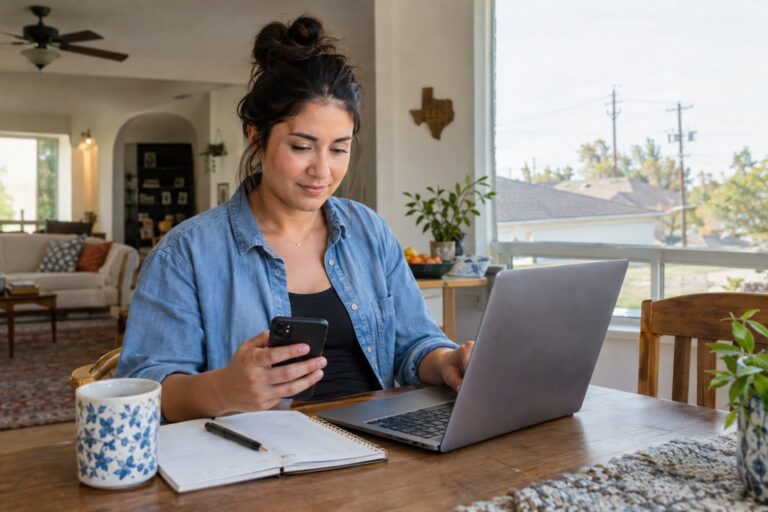 A Texas resident reviews electricity options on a laptop at a kitchen table.