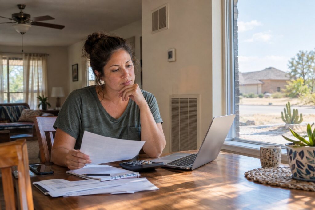 A Texas resident reviews household electricity paperwork at a kitchen table.