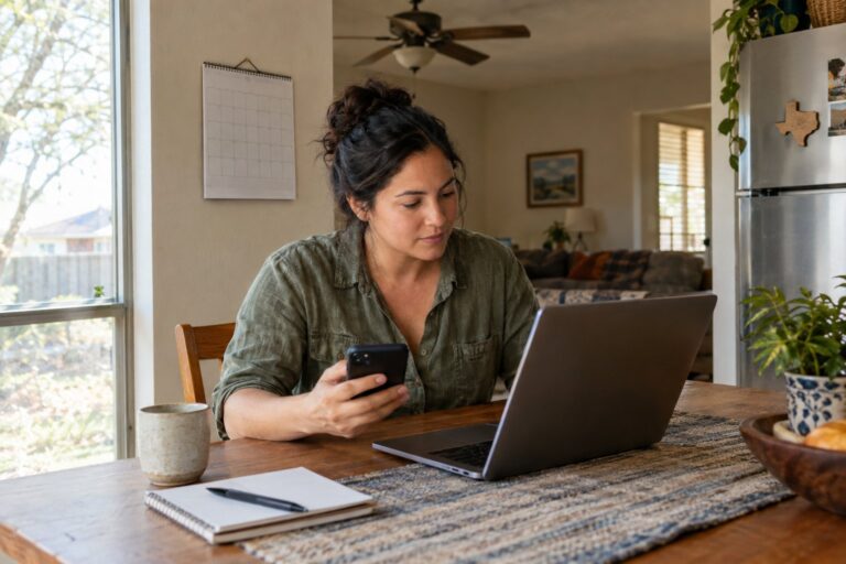 A Texas resident compares electricity plans on a laptop and smartphone at home.