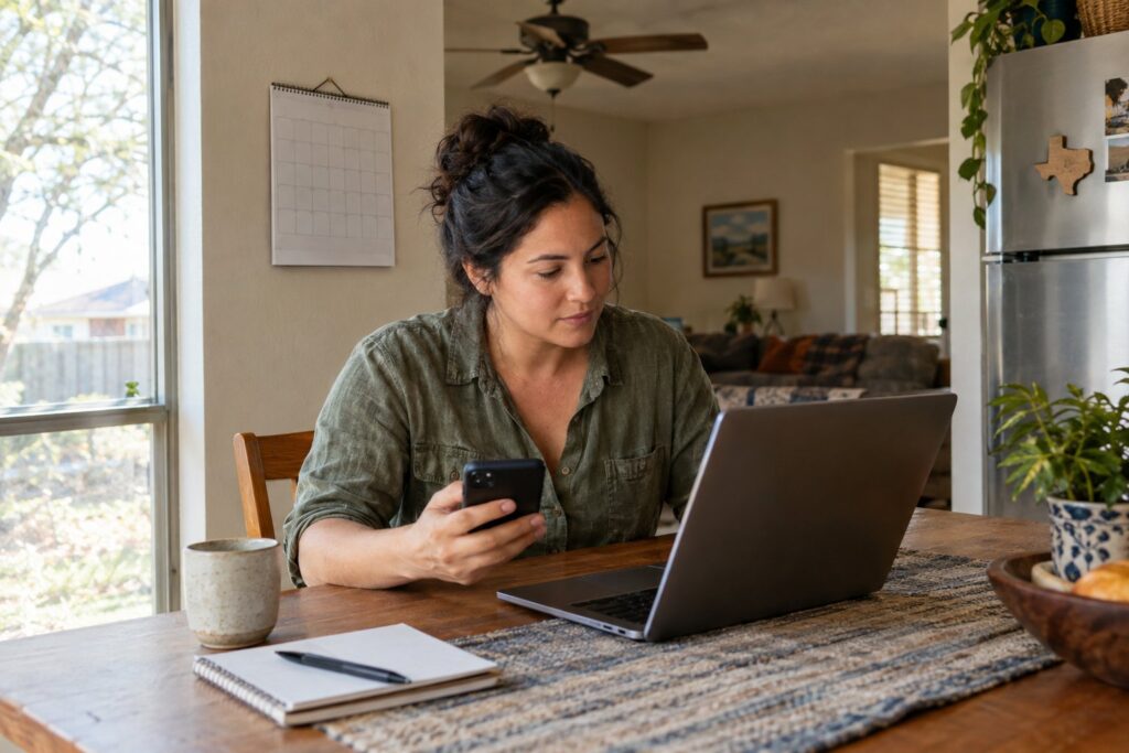 A Texas resident compares electricity plans on a laptop and smartphone at home.