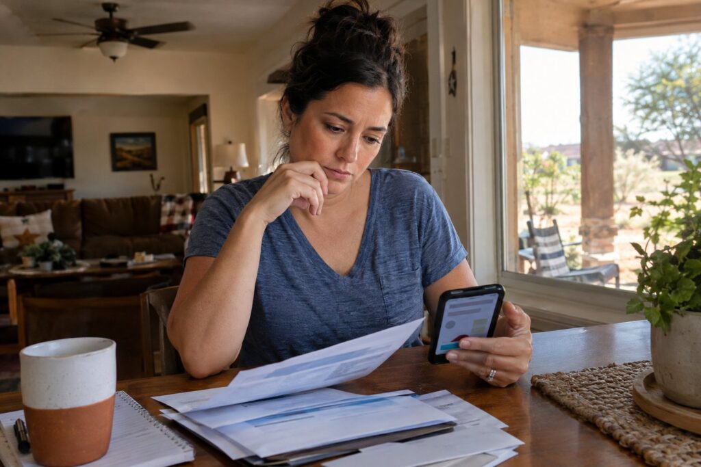 A Texas homeowner reviews utility papers and a phone at a kitchen table.