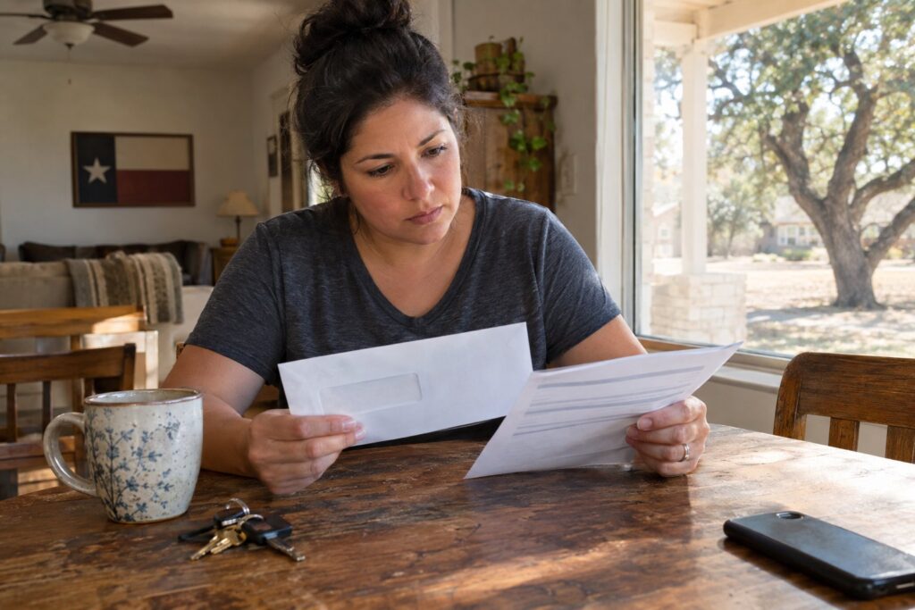A Texas resident reviews a utility notice at a kitchen table beside a coffee mug and keys.