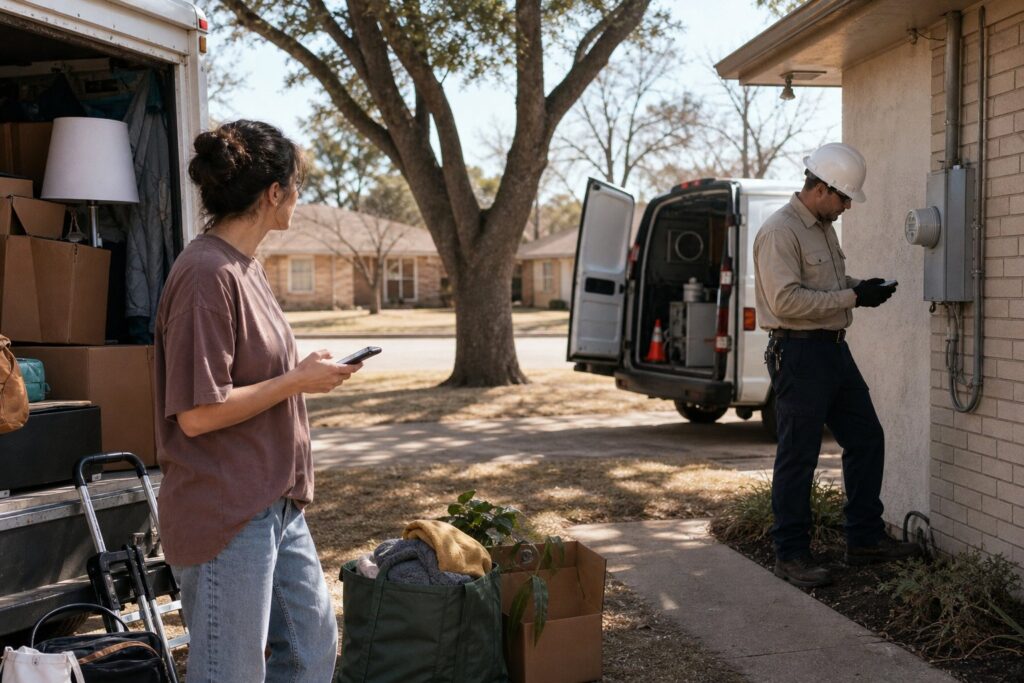 A resident coordinates an electricity connection with a utility technician outside a Dallas home while moving boxes are nearby.