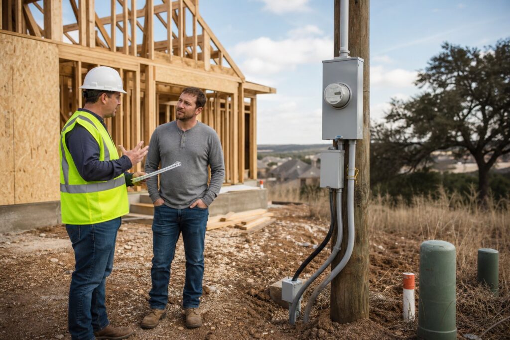 A utility worker and builder discuss electrical service beside a partially built Texas home.